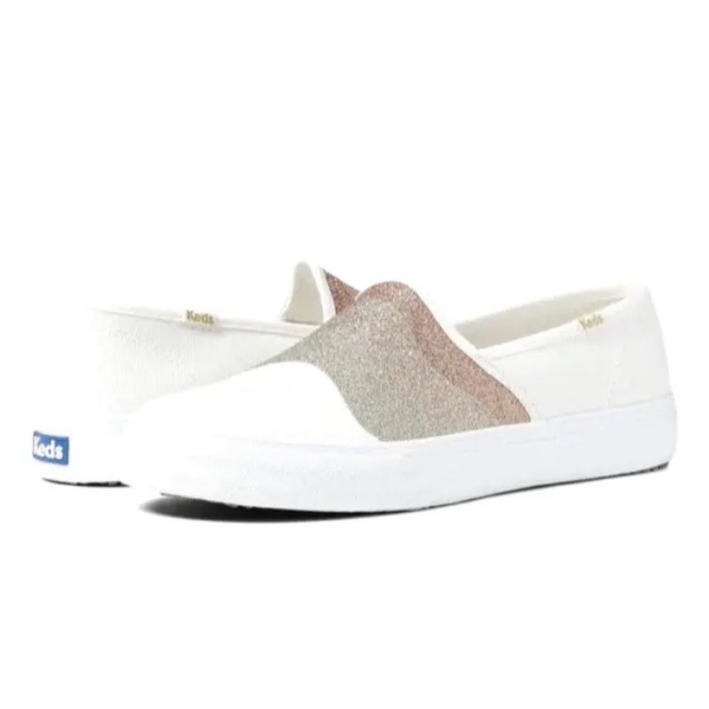 Womens Keds Sz 10 Comfort Slip On Sneaker Double Decker Wave Glitter White Pink